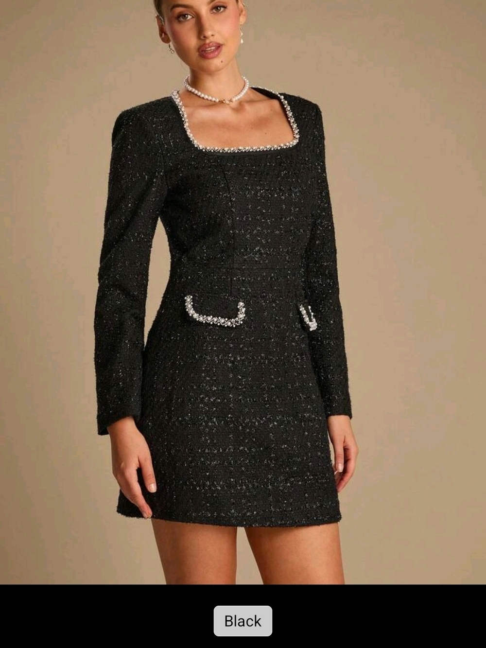 Black Tweed Long-Sleeve Mini Dress